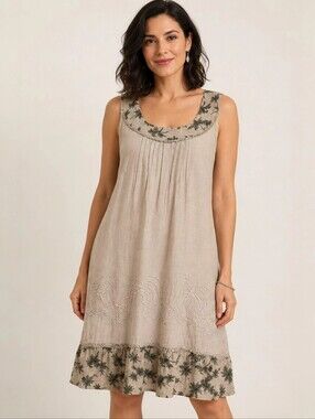 Raya Sun Palm Tree Embroidered Sleeveless Dress Small